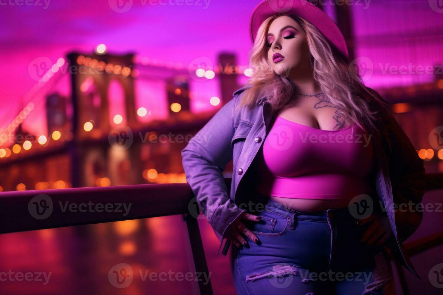 Plus size modern woman rocking modern against the vibrant neon streets AI Generative photo