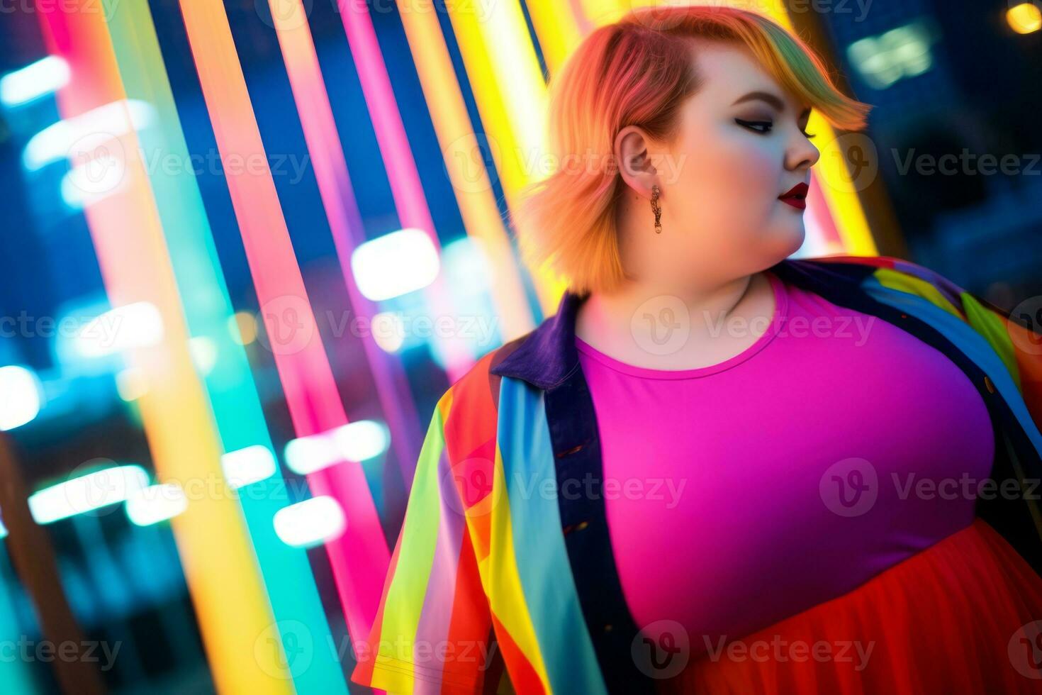Plus size modern woman rocking modern against the vibrant neon streets AI Generative photo