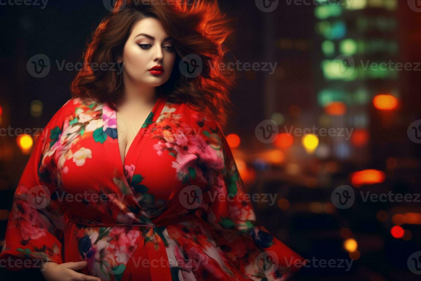 Plus size modern woman rocking modern against the vibrant neon streets AI Generative photo