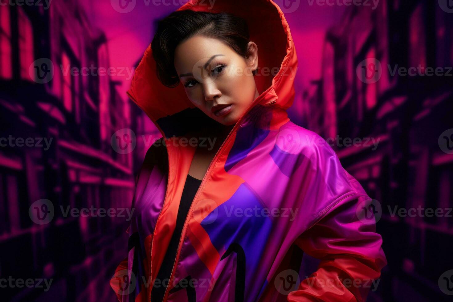 Plus size modern woman rocking modern against the vibrant neon streets AI Generative photo