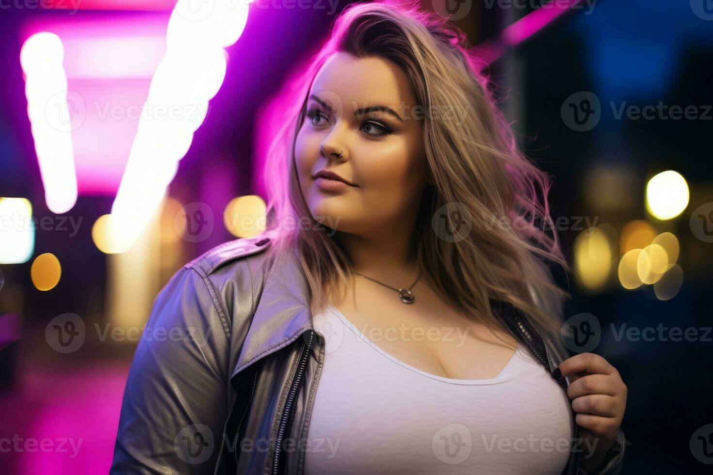 Plus size modern woman rocking modern against the vibrant neon streets AI Generative photo