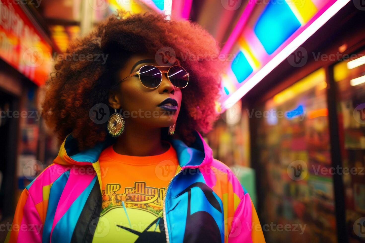 Plus size modern woman rocking modern against the vibrant neon streets AI Generative photo