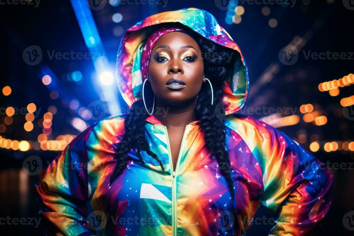 Plus size modern woman rocking modern against the vibrant neon streets AI Generative photo