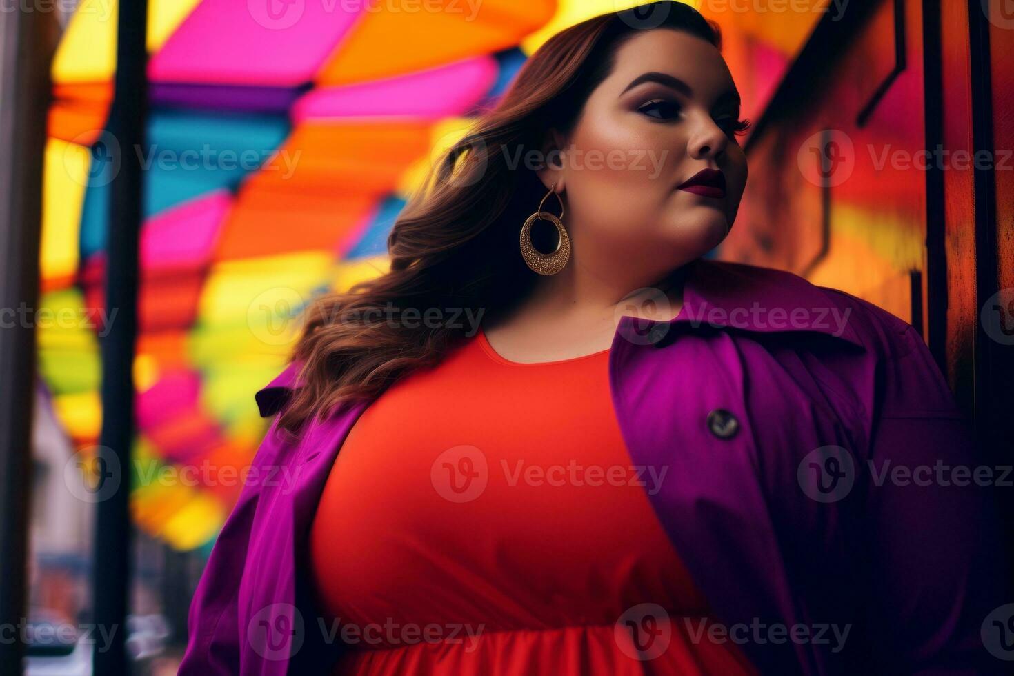 Plus size modern woman rocking modern against the vibrant neon streets AI Generative photo