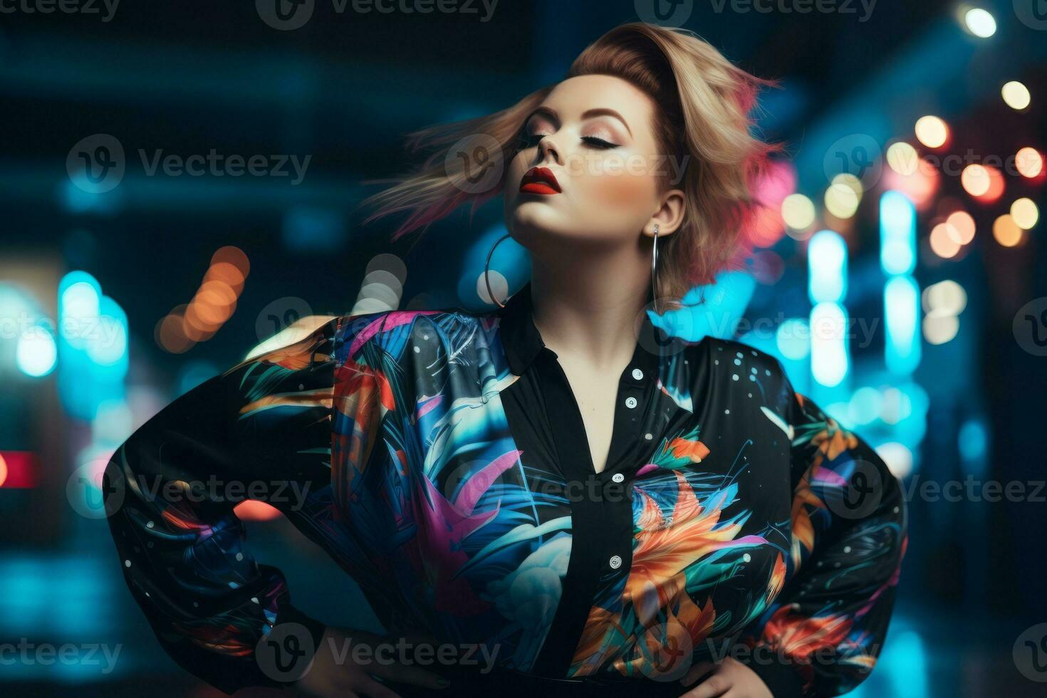 Plus size modern woman rocking modern against the vibrant neon streets AI Generative photo