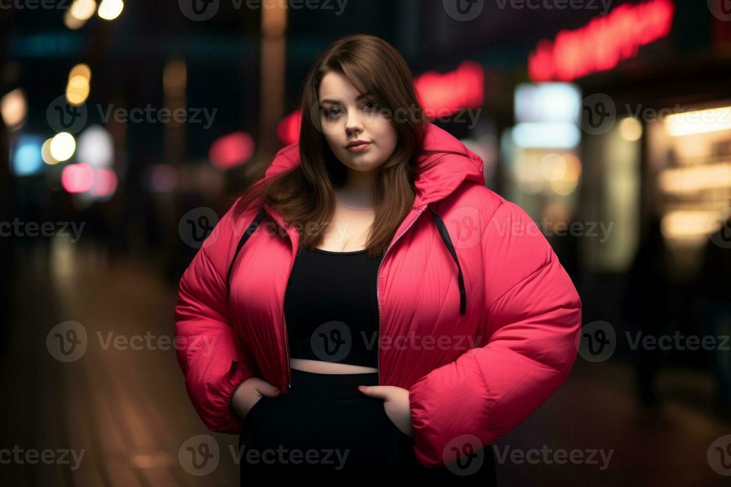 Plus size modern woman rocking modern against the vibrant neon streets AI Generative photo