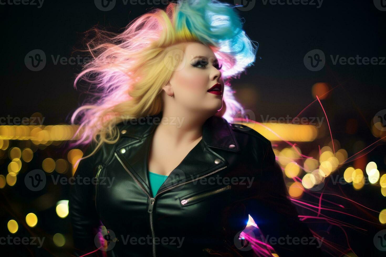 Plus size modern woman rocking modern against the vibrant neon streets AI Generative photo