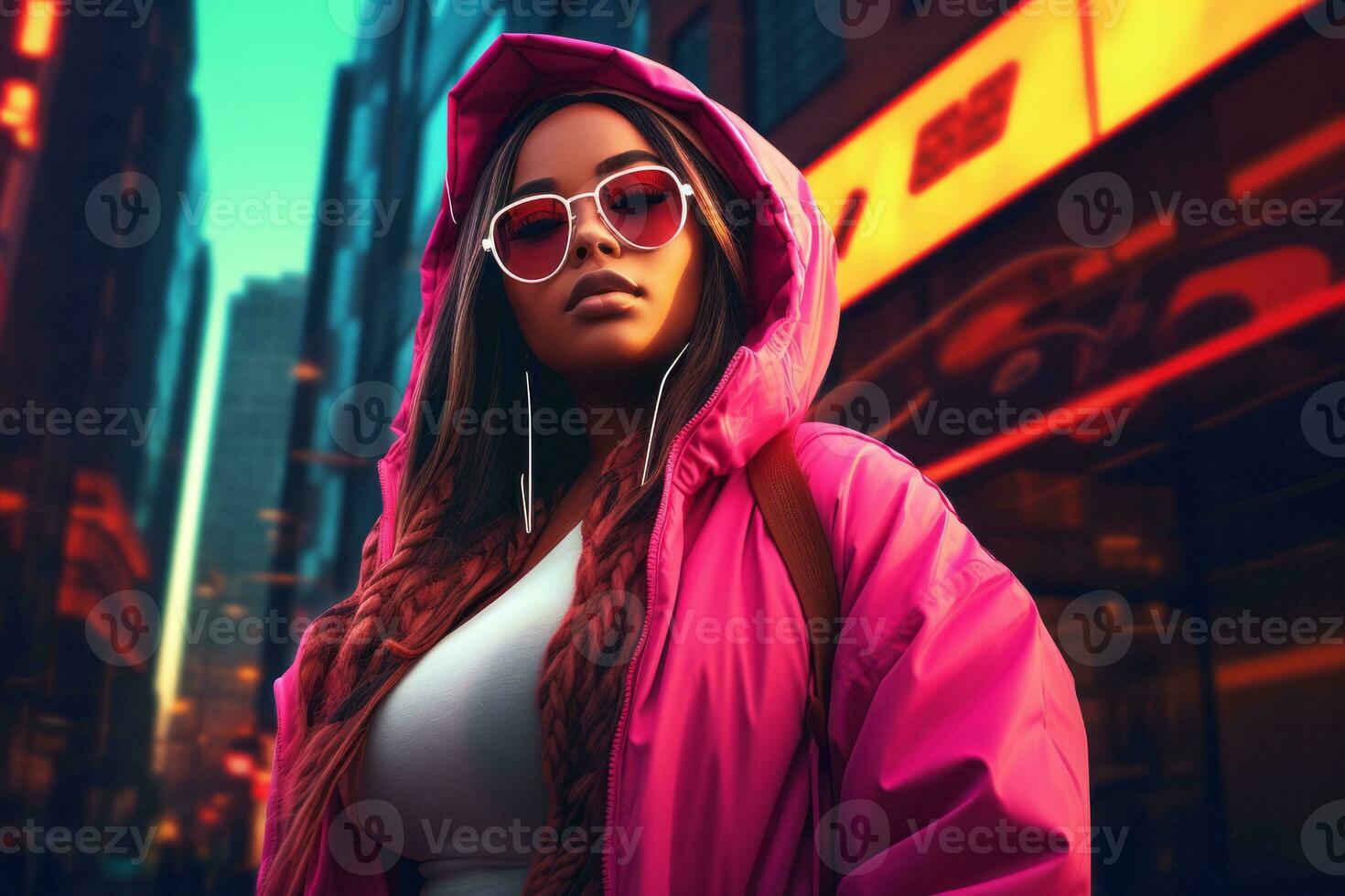 Plus size modern woman rocking modern against the vibrant neon streets AI Generative photo