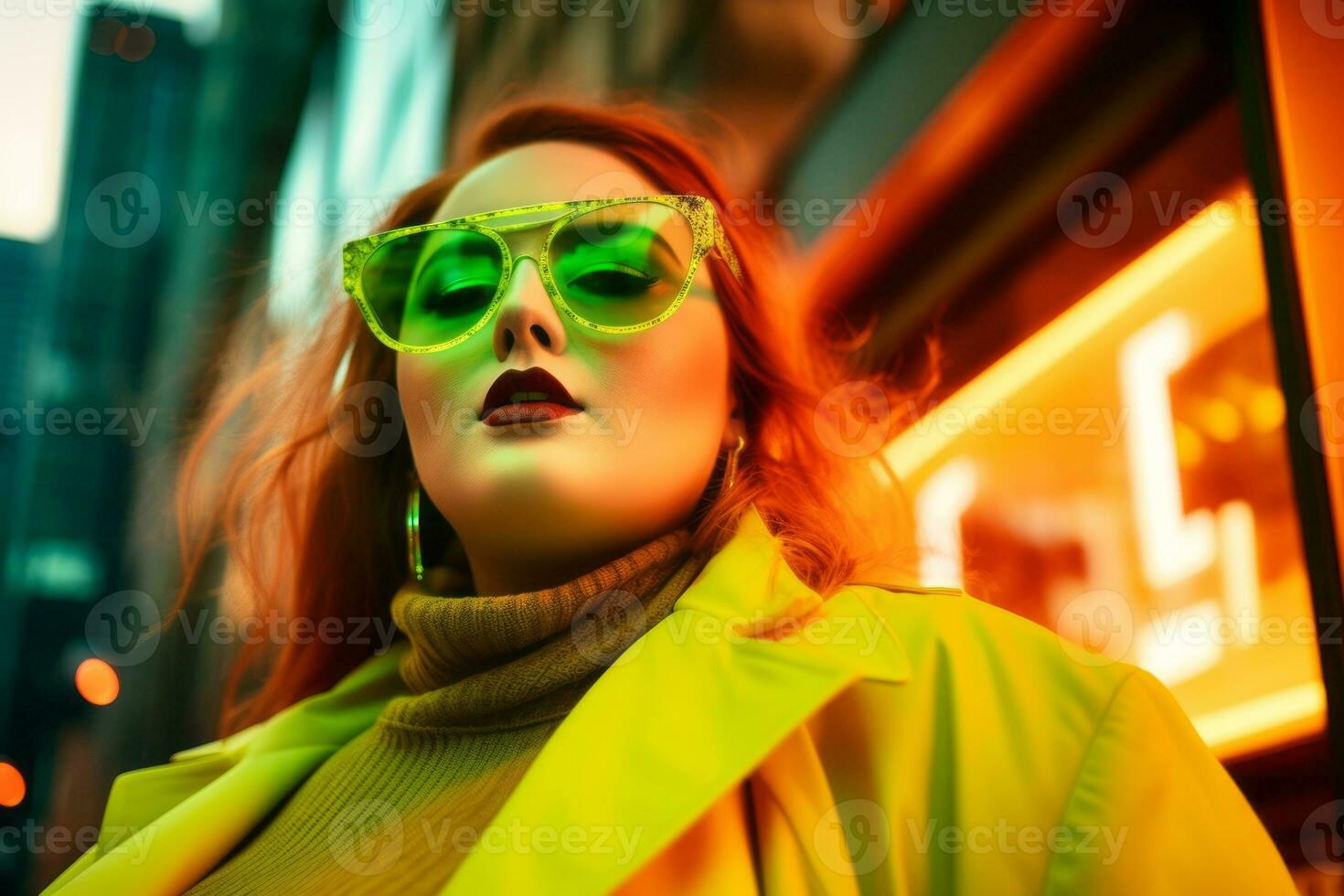Plus size modern woman rocking modern against the vibrant neon streets AI Generative photo