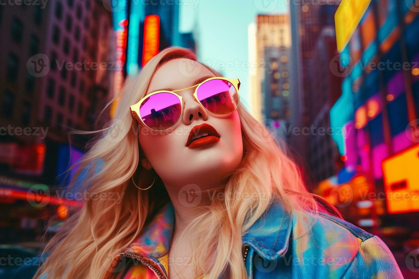 Plus size modern woman rocking modern against the vibrant neon streets AI Generative photo