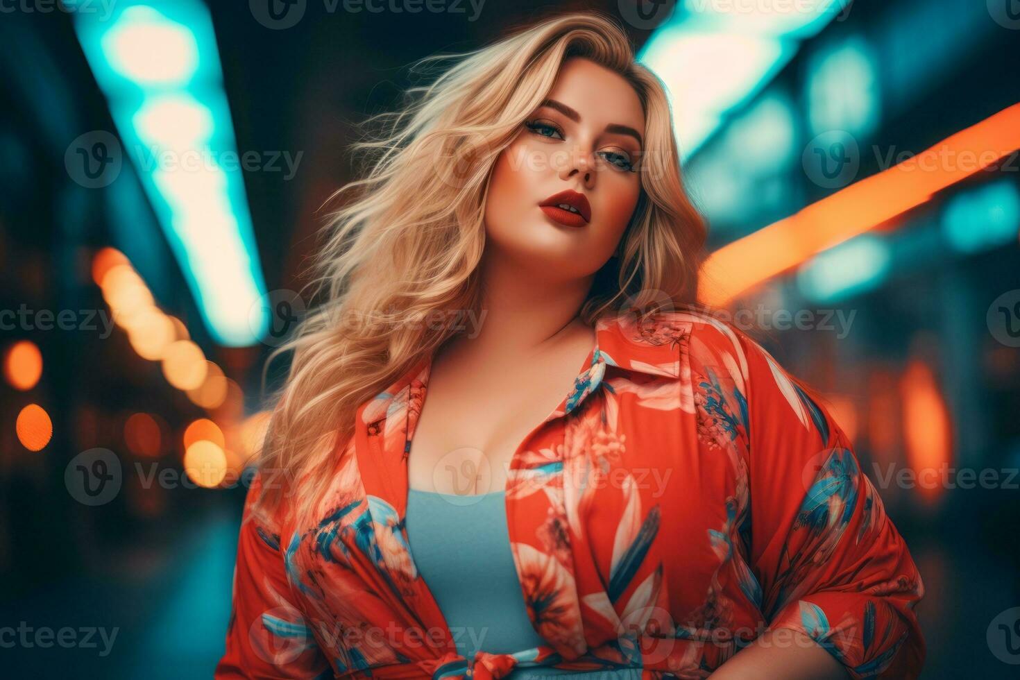 Plus size modern woman rocking modern against the vibrant neon streets AI Generative photo