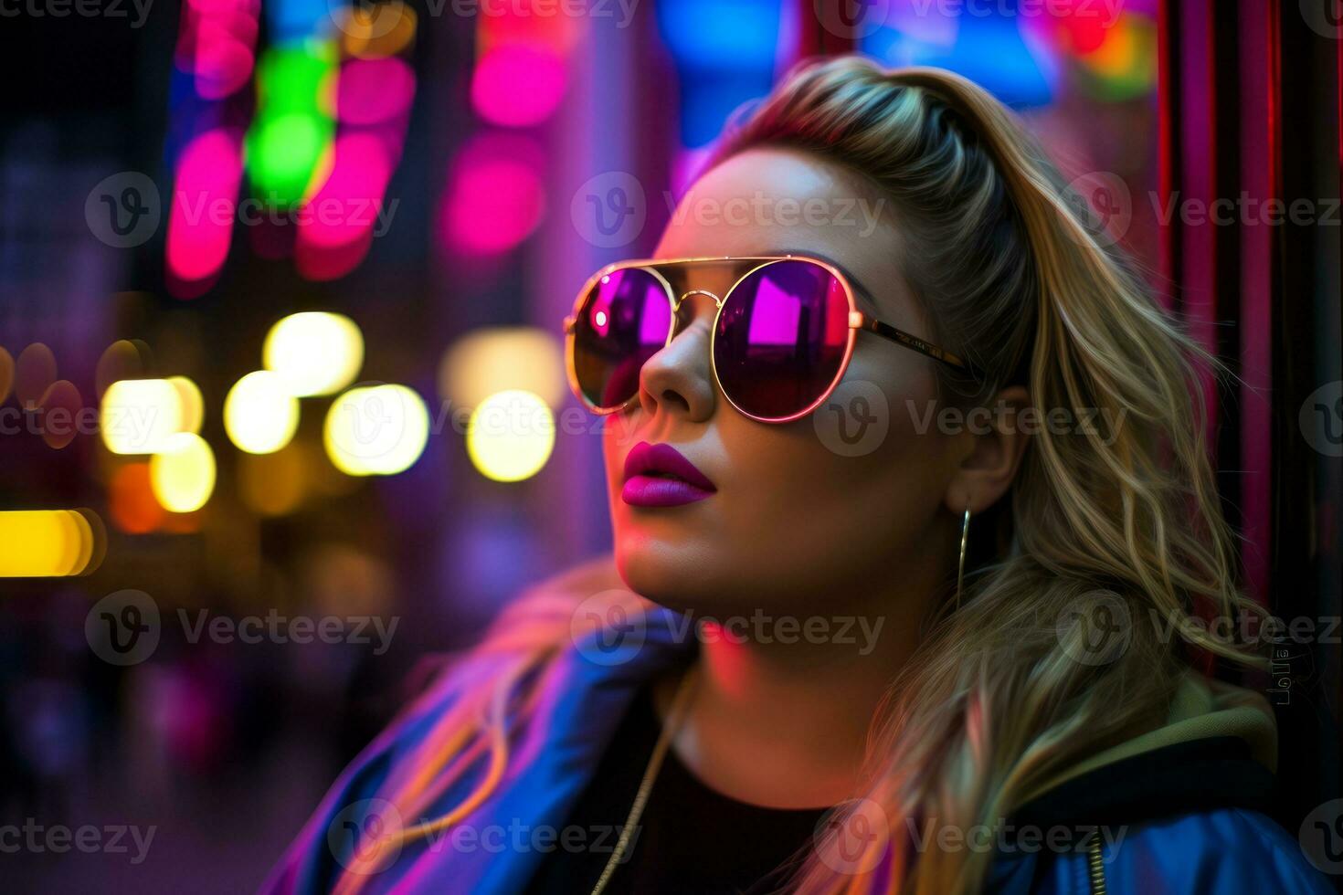 Plus size modern woman rocking modern against the vibrant neon streets AI Generative photo
