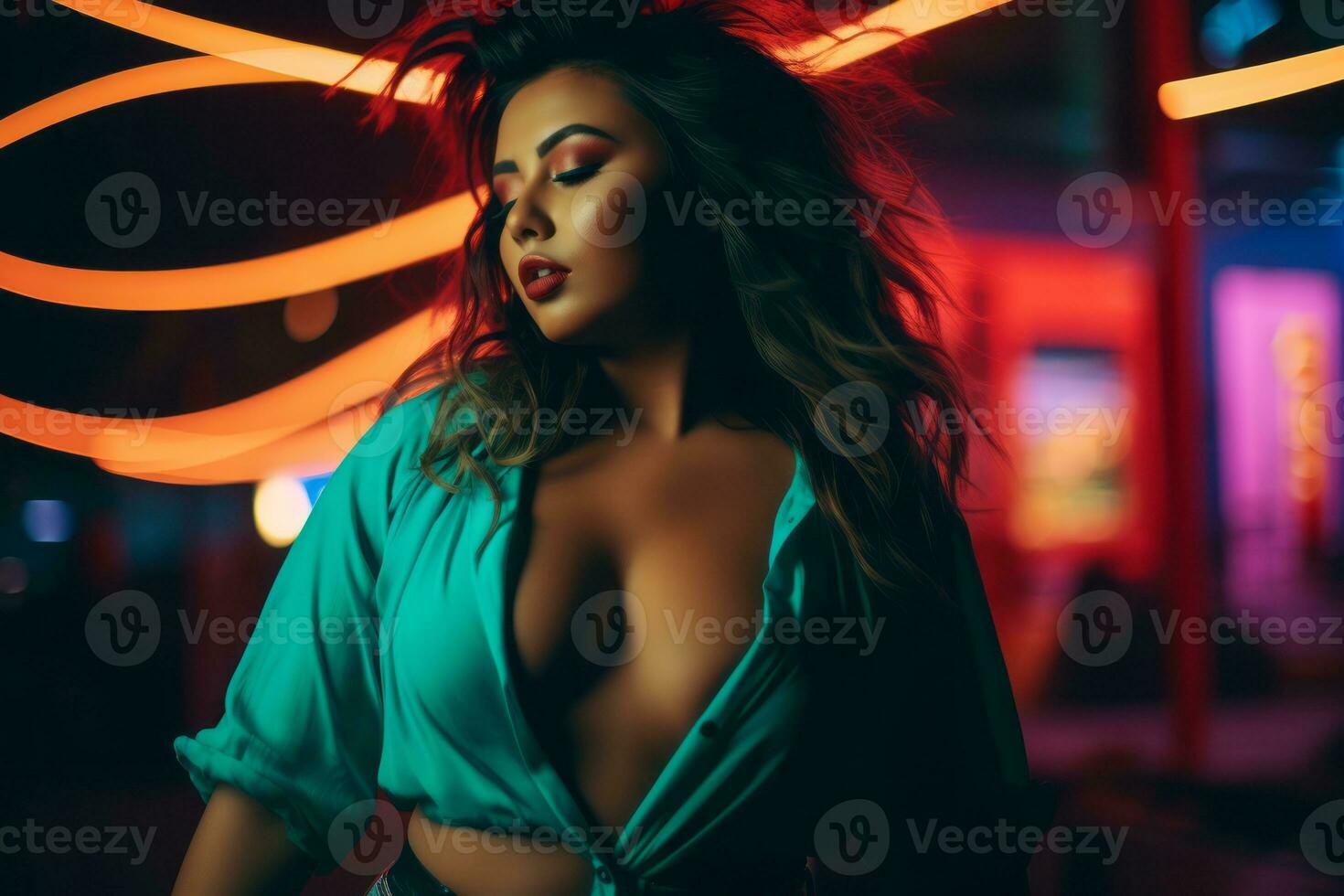 Plus size modern woman rocking modern against the vibrant neon streets AI Generative photo