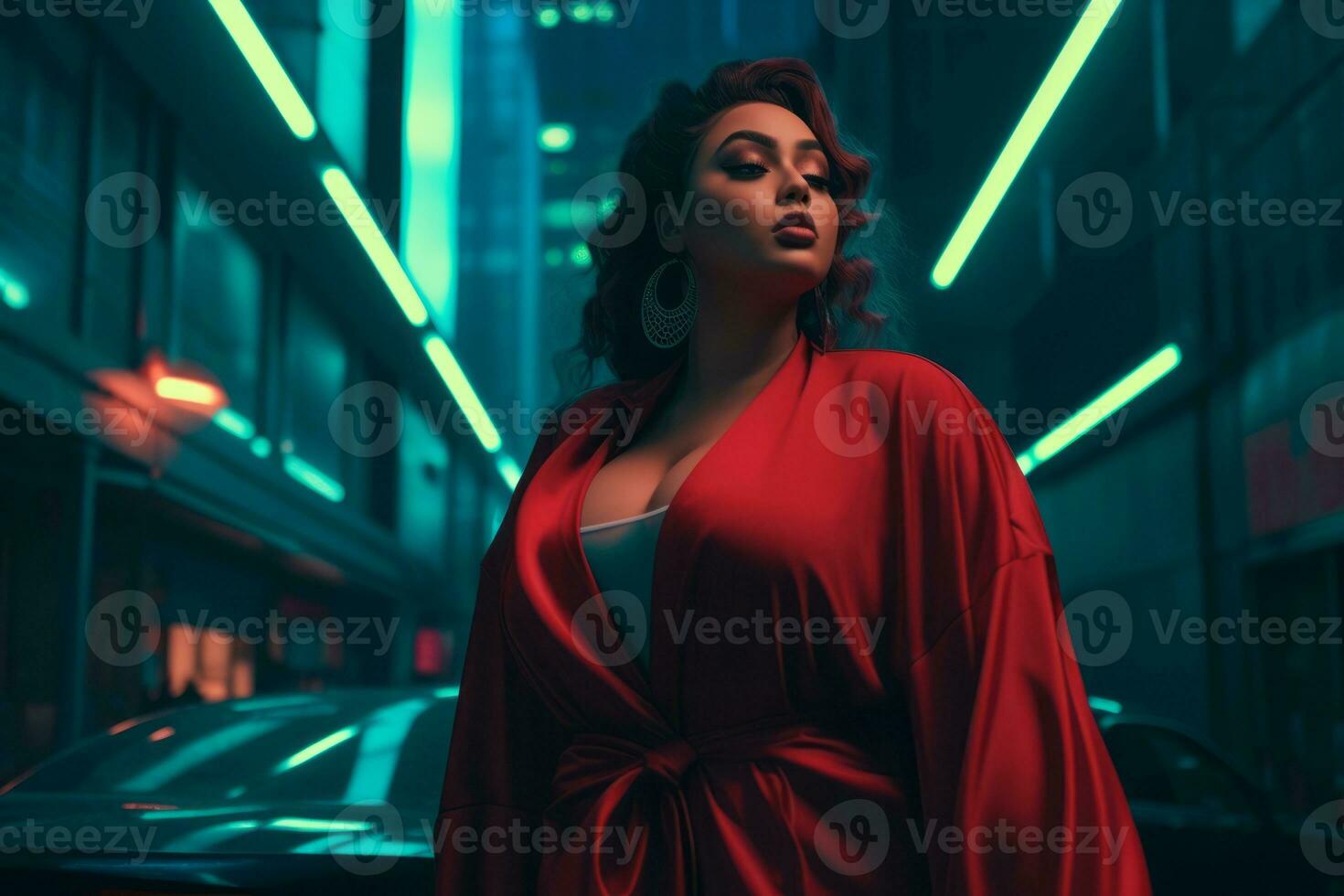Plus size modern woman rocking modern against the vibrant neon streets AI Generative photo