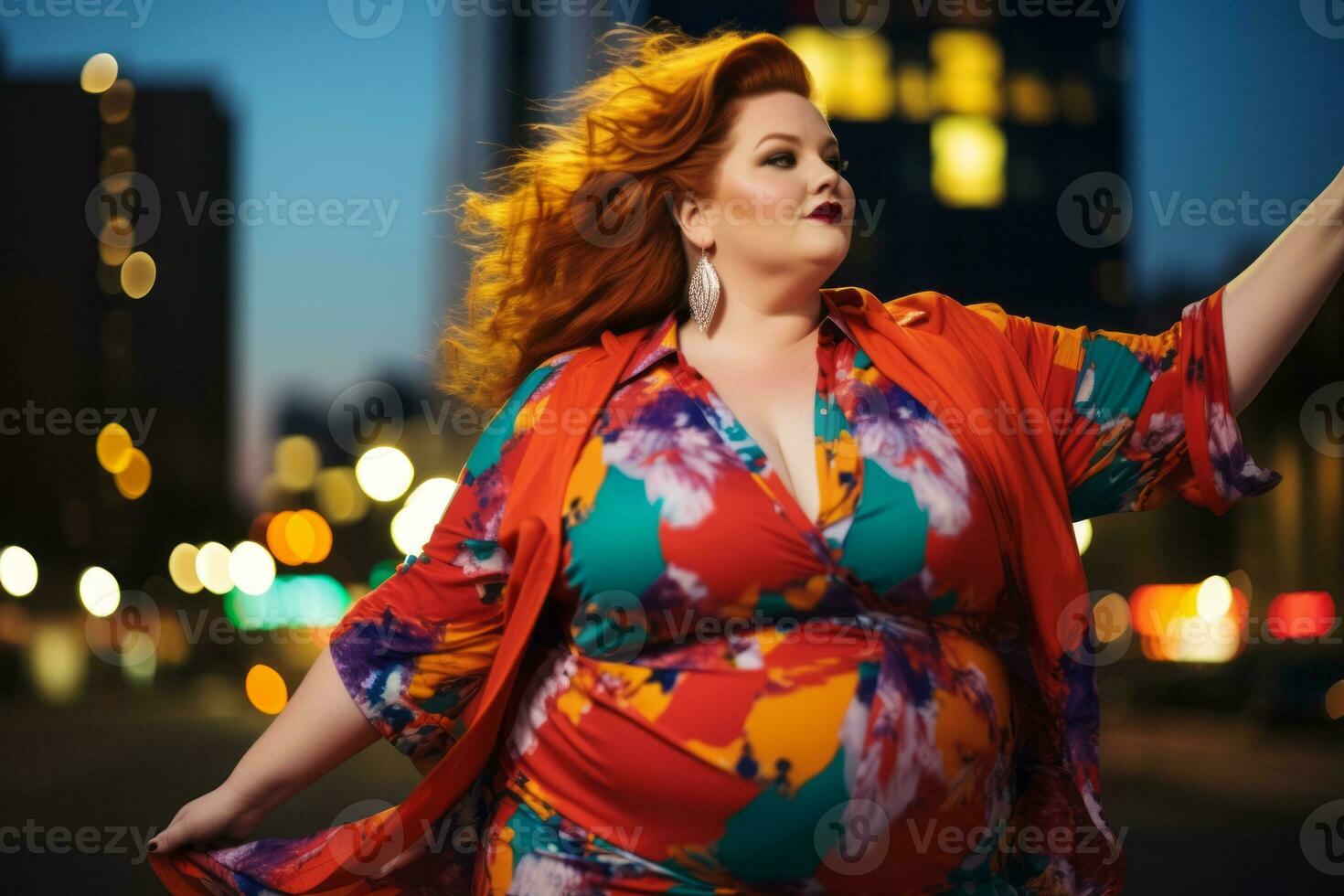 Plus size modern woman rocking modern against the vibrant neon streets AI Generative photo
