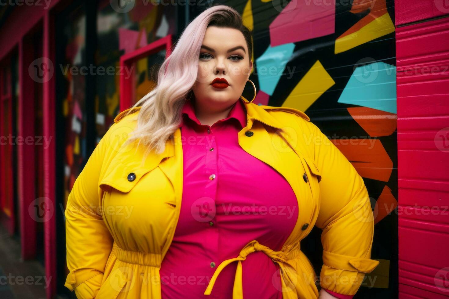 Plus size modern woman rocking modern against the vibrant neon streets AI Generative photo