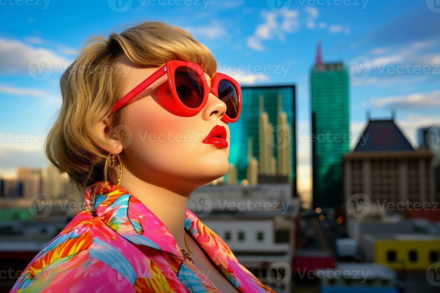 Plus size modern woman rocking modern against the vibrant neon streets AI Generative photo