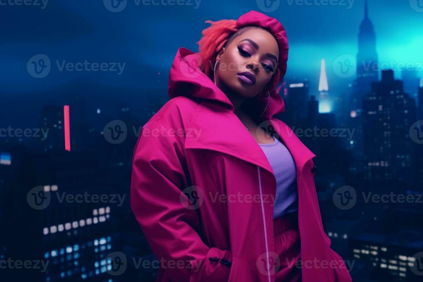 Plus size modern woman rocking modern against the vibrant neon streets AI Generative photo