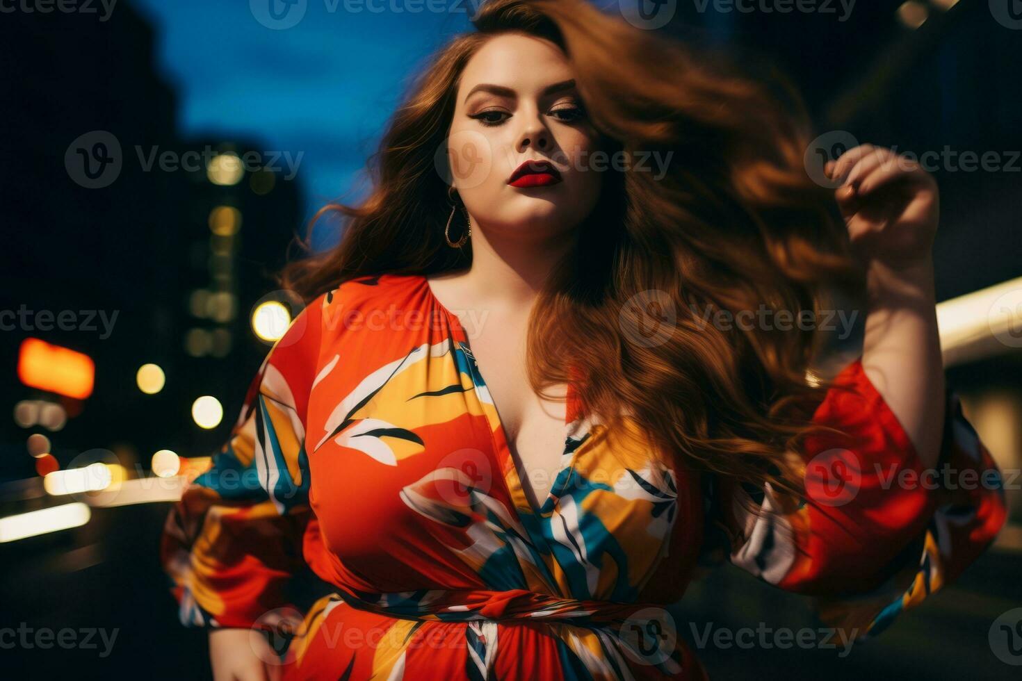 Plus size modern woman rocking modern against the vibrant neon streets AI Generative photo