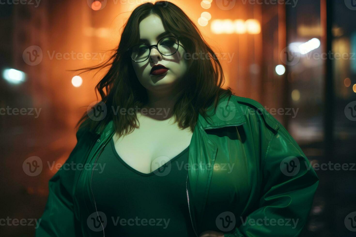Plus size modern woman rocking modern against the vibrant neon streets AI Generative photo