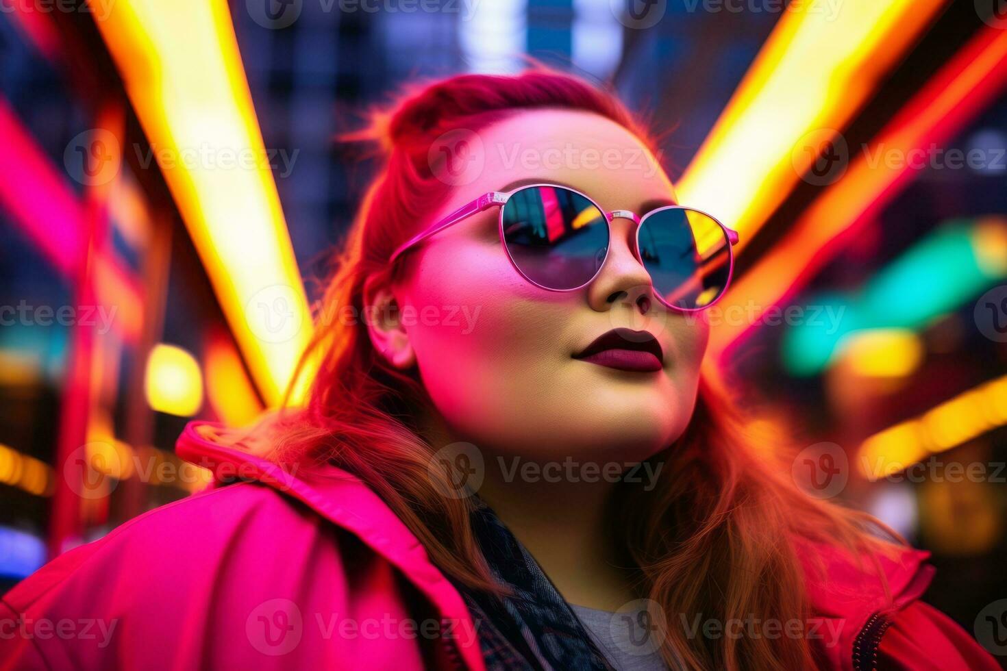 Plus size modern woman rocking modern against the vibrant neon streets AI Generative photo