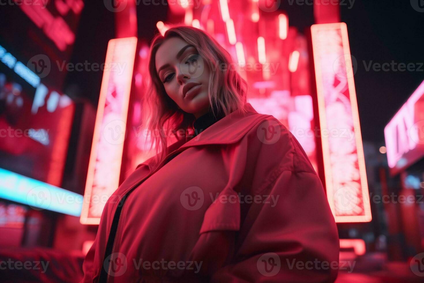 Plus size modern woman rocking modern against the vibrant neon streets AI Generative photo