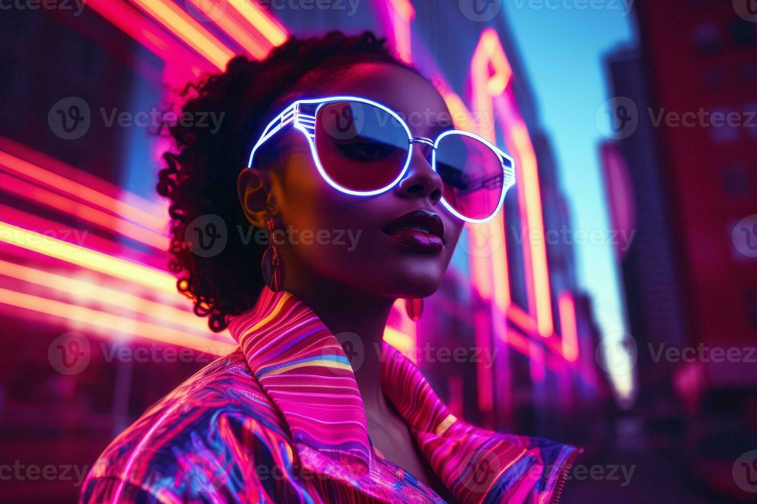 Plus size modern woman rocking modern against the vibrant neon streets AI Generative photo