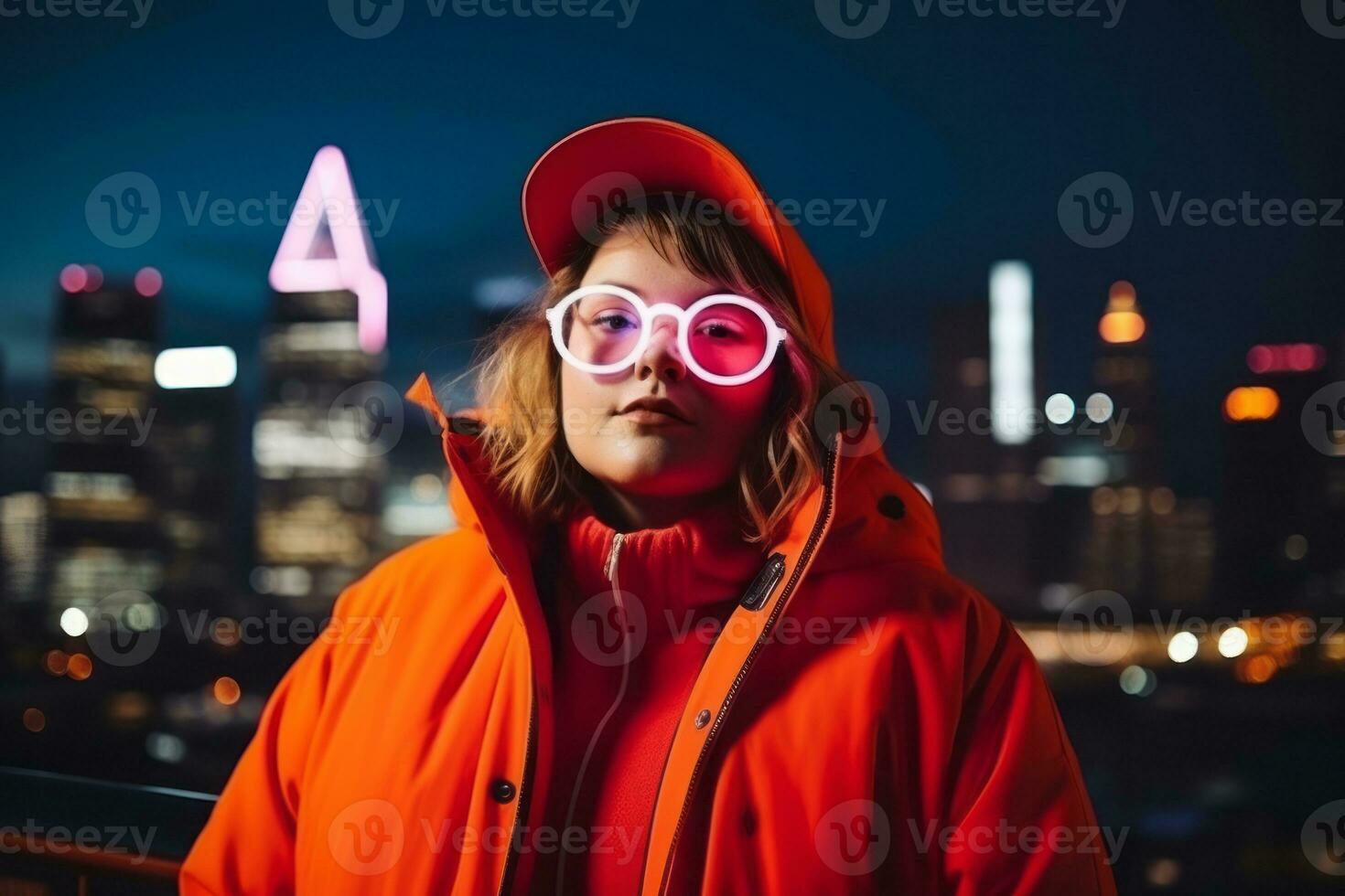 Plus size modern woman rocking modern against the vibrant neon streets AI Generative photo