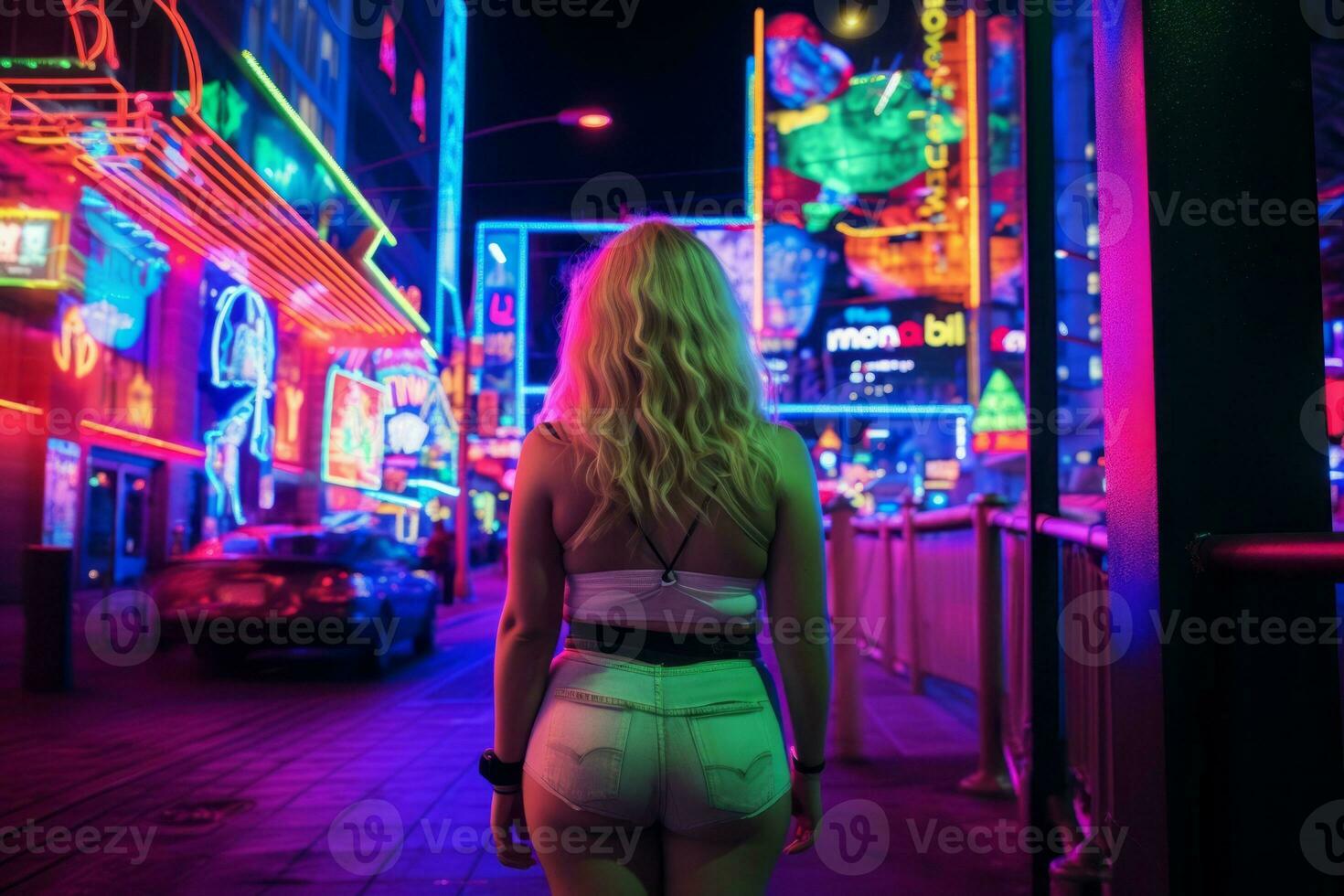 Plus size modern woman rocking modern against the vibrant neon streets AI Generative photo