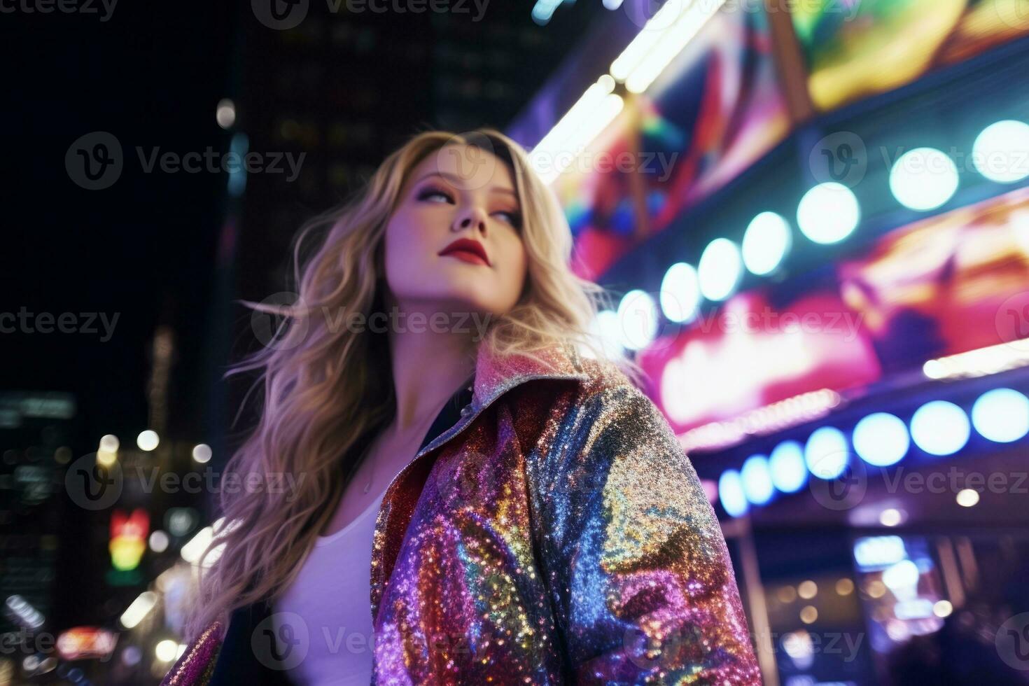 mujer caminando con confianza mediante el vibrante neón iluminado calles ai generativo foto