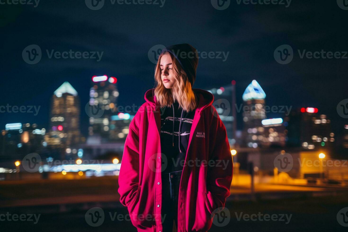 mujer caminando con confianza mediante el vibrante neón iluminado calles ai generativo foto