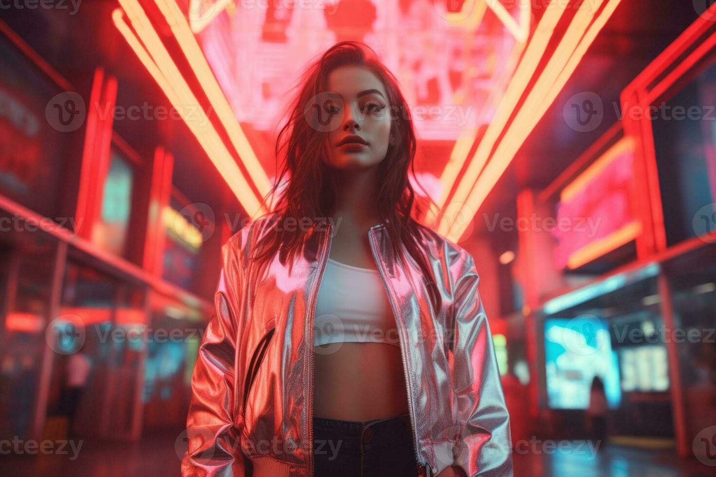 Woman walking confidently through the vibrant neon lit streets AI Generative photo