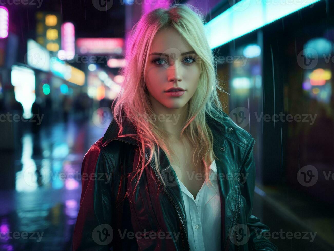 Woman walking confidently through the vibrant neon lit streets AI Generative photo