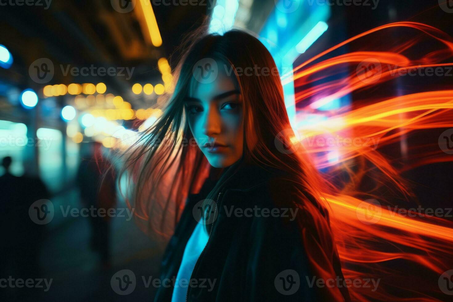 Woman walking confidently through the vibrant neon lit streets AI Generative photo