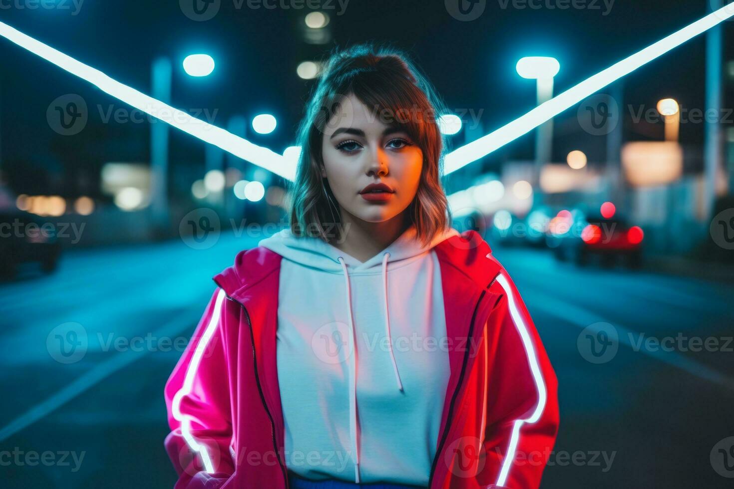 Woman walking confidently through the vibrant neon lit streets AI Generative photo