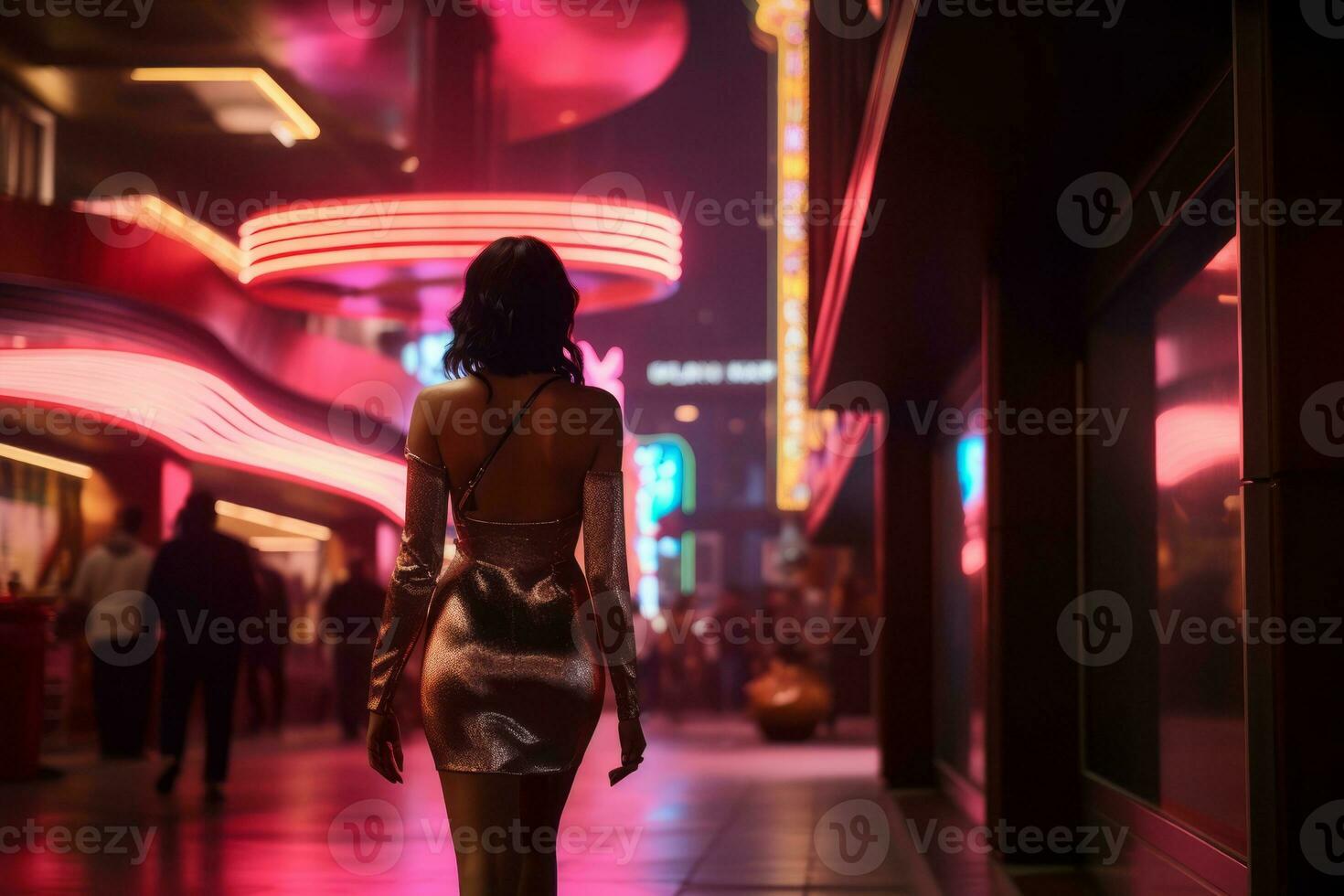Woman walking confidently through the vibrant neon lit streets AI Generative photo