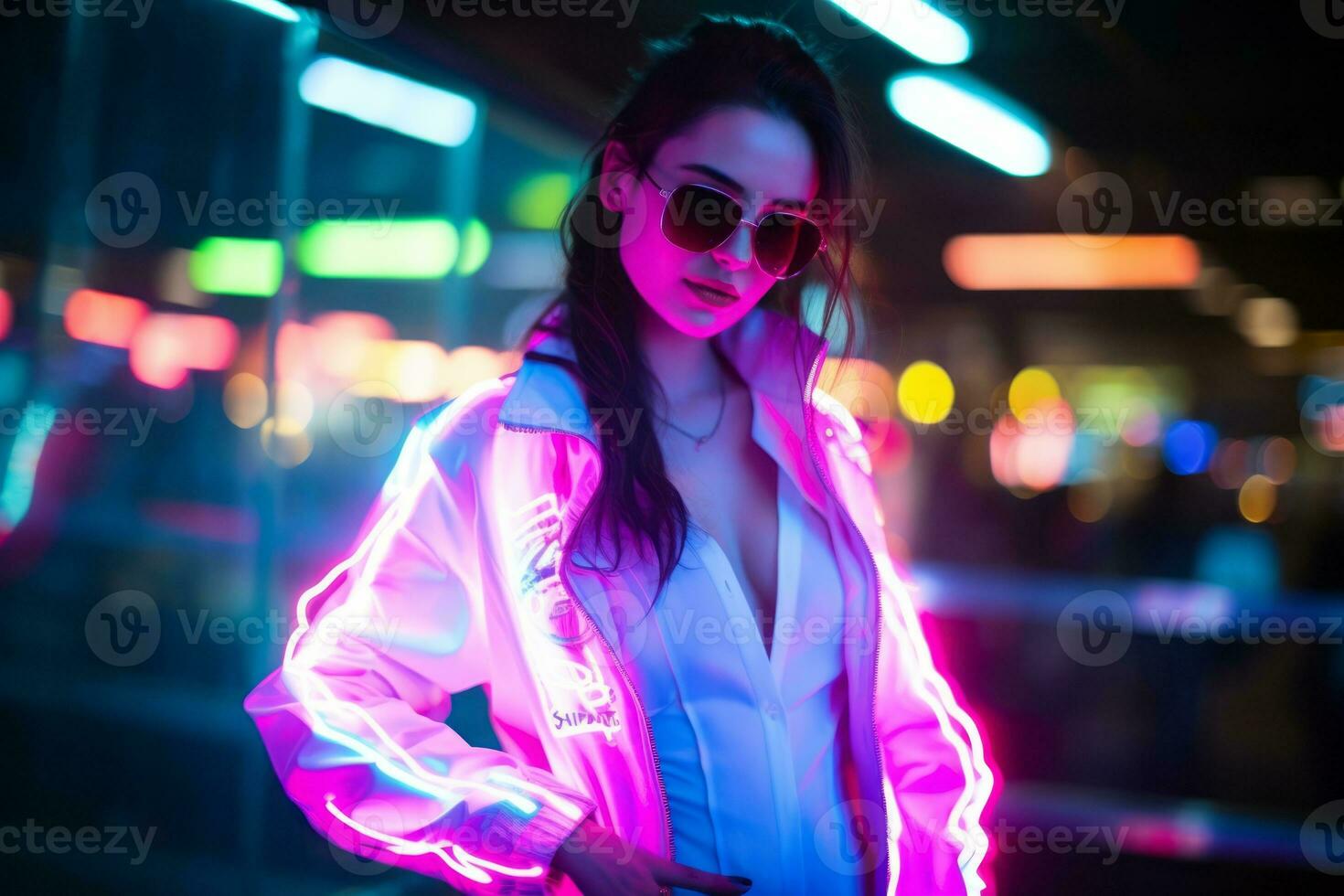 Woman walking confidently through the vibrant neon lit streets AI Generative photo