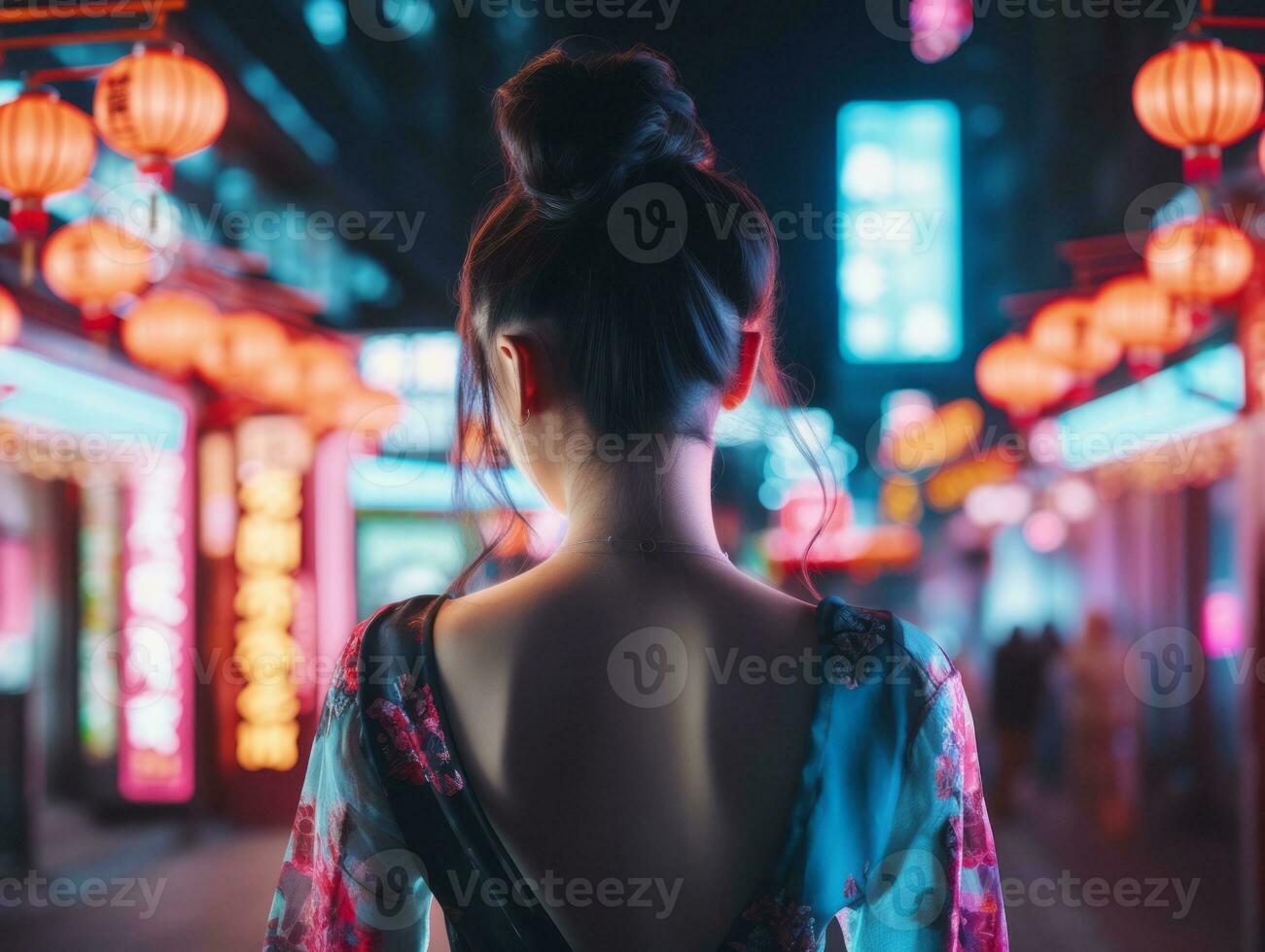 Woman walking confidently through the vibrant neon lit streets AI Generative photo