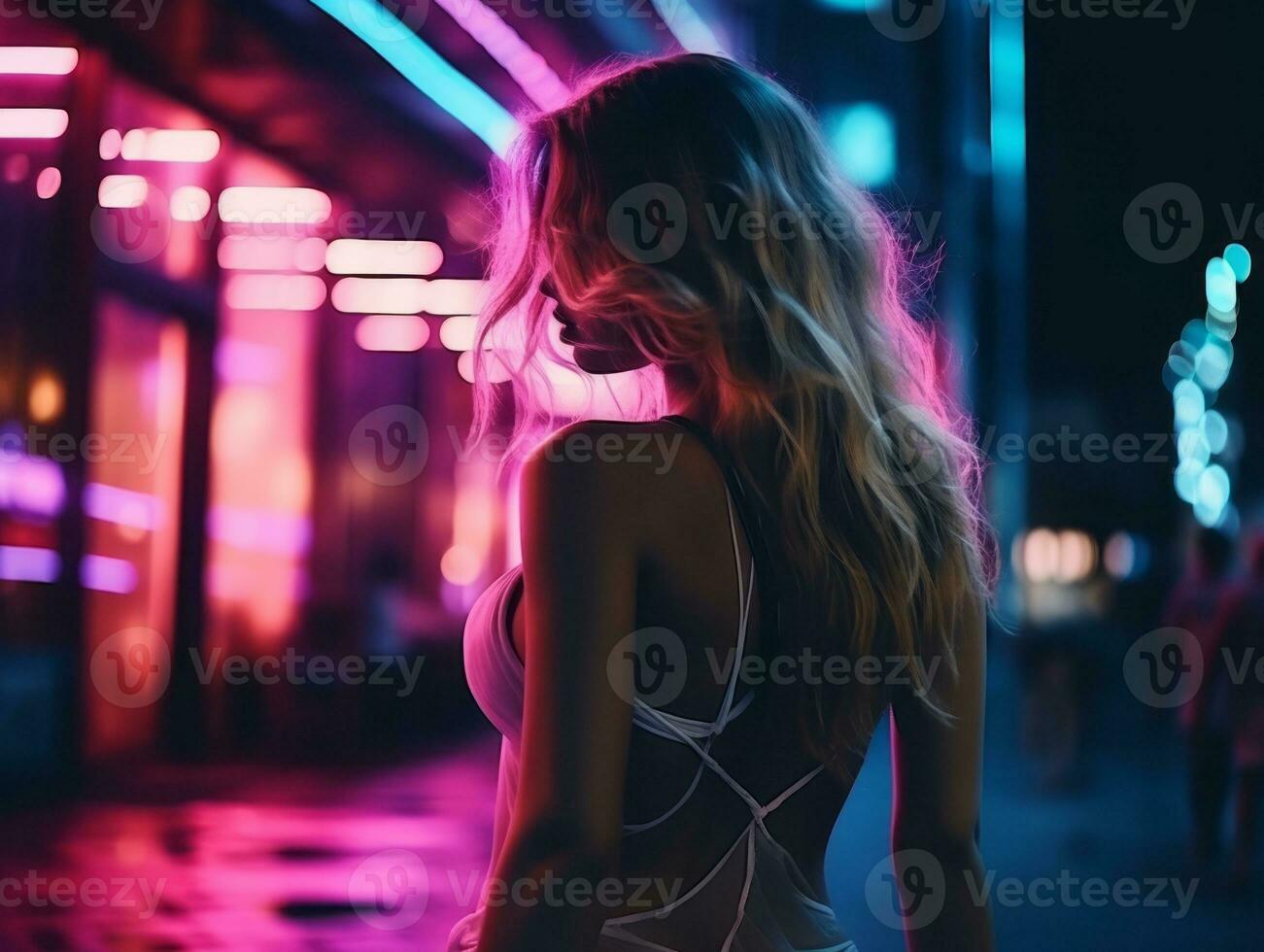 Woman walking confidently through the vibrant neon lit streets AI Generative photo