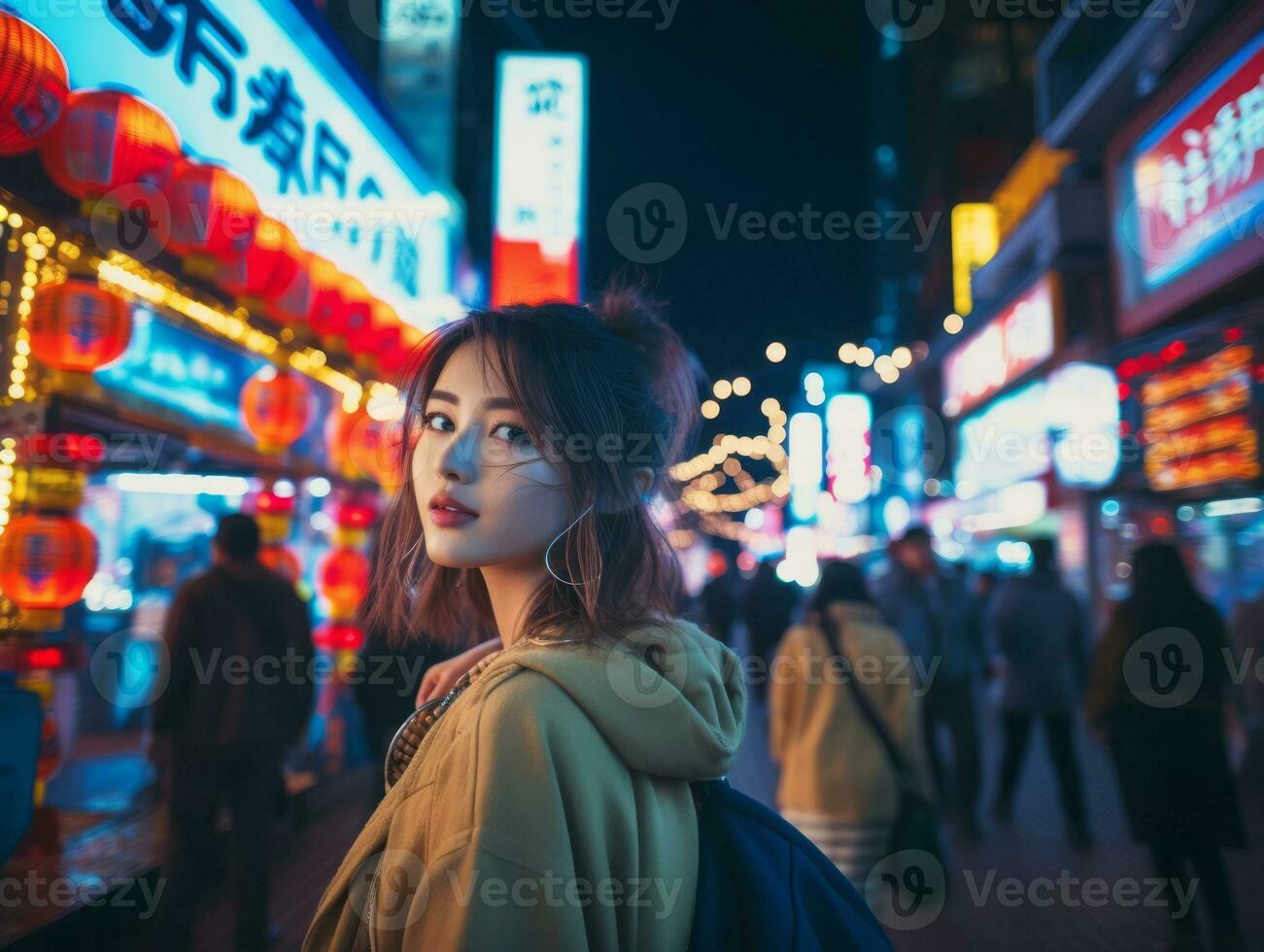 Woman walking confidently through the vibrant neon lit streets AI Generative photo