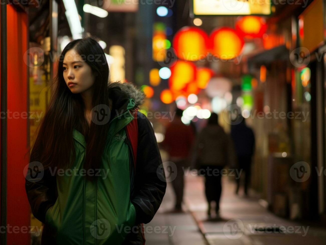 Woman walking confidently through the vibrant neon lit streets AI Generative photo