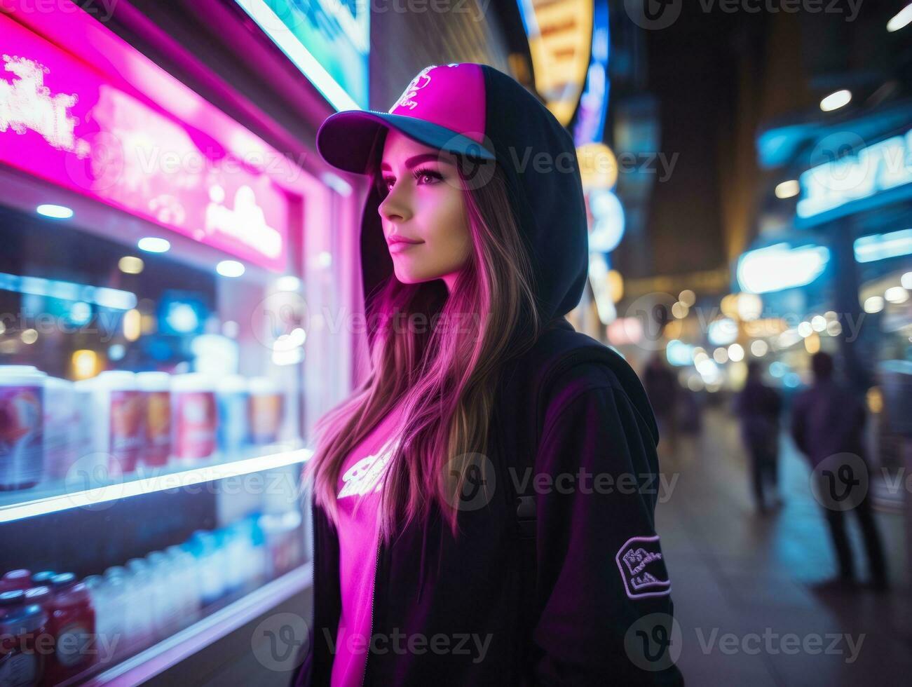 Woman walking confidently through the vibrant neon lit streets AI Generative photo