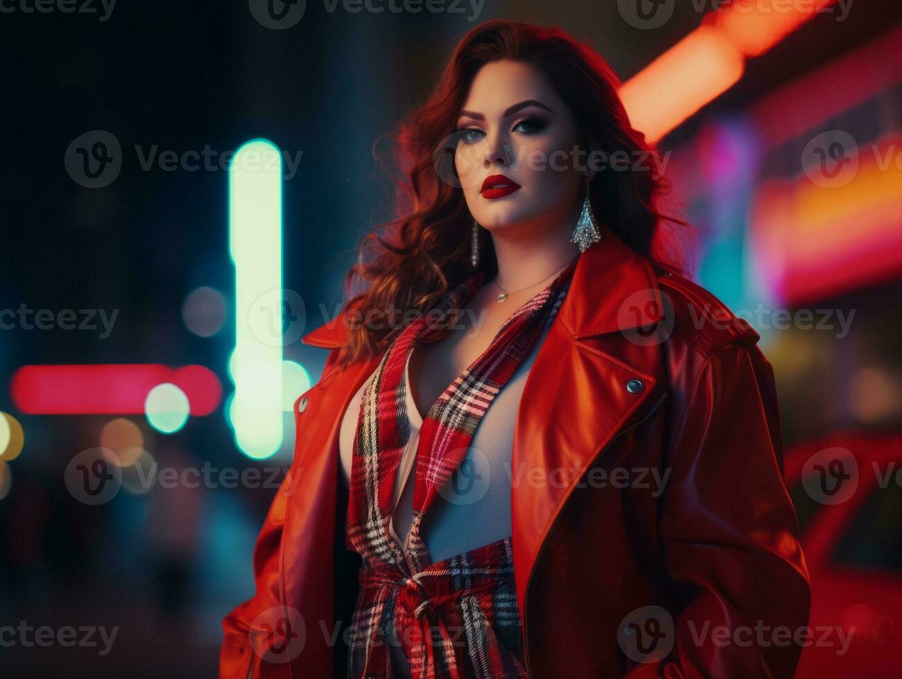 Woman walking confidently through the vibrant neon lit streets AI Generative photo