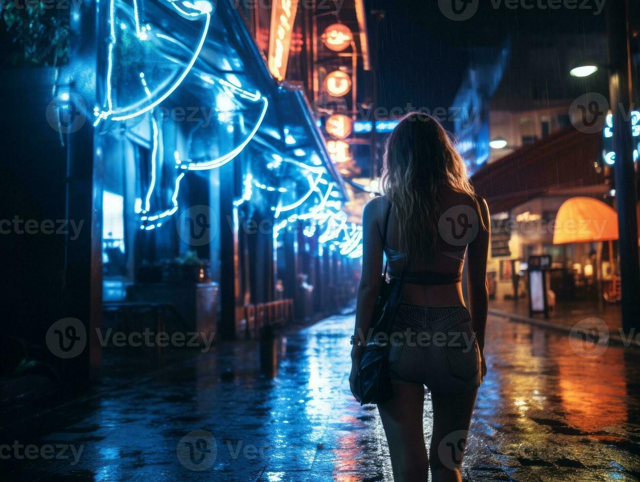 mujer caminando con confianza mediante el vibrante neón iluminado calles ai generativo foto