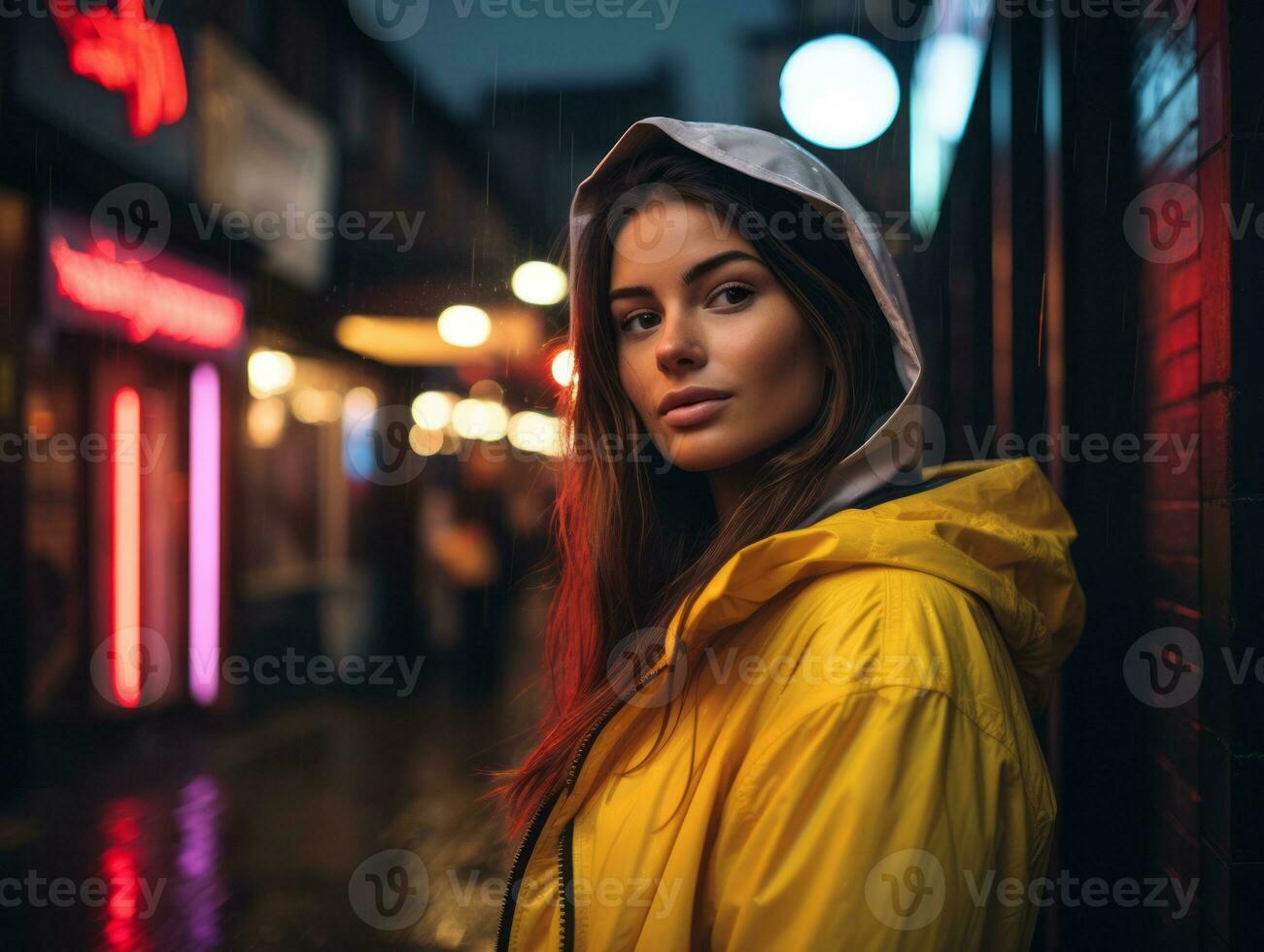 mujer caminando con confianza mediante el vibrante neón iluminado calles ai generativo foto