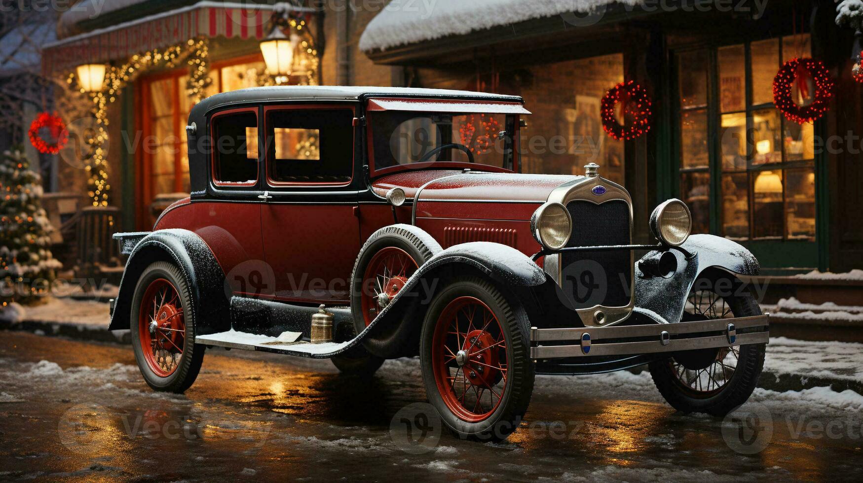 Classic Vintage Car Parked Outside The Festively Christmas Decorated Shops.  Generative AI. 30048532 Stock Photo at Vecteezy
