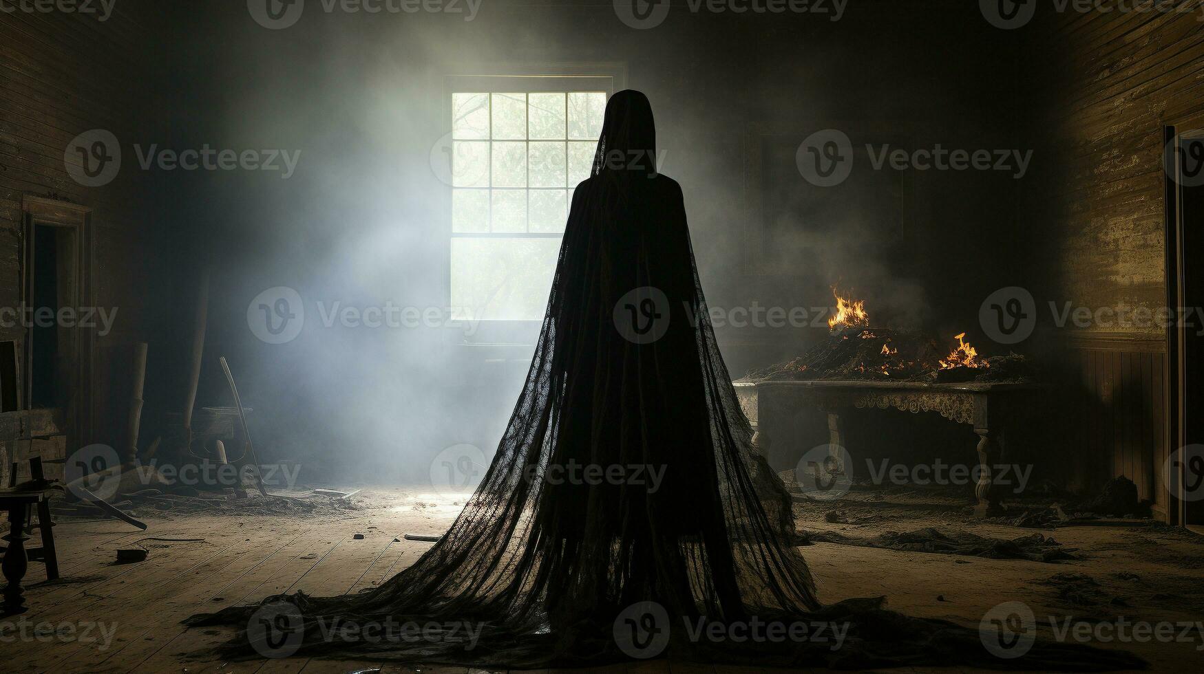 Dark ghostly female figure standing in a smokey room with a burning desk - generative AI. photo