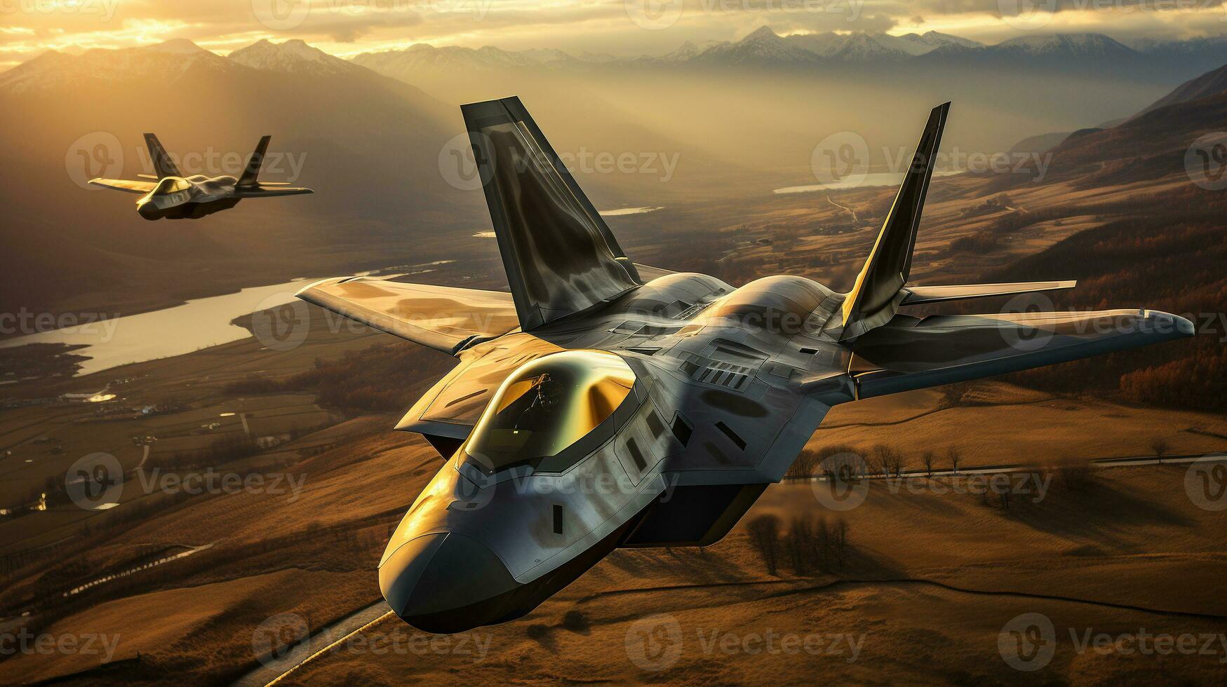 A Lockheed Martin F 35 Fighter Jet Squadron in Formation. Generative AI. photo