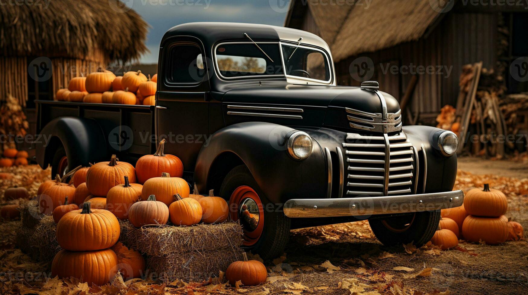 Pumpkins surround a vintage truck in a fall barn country setting - generative AI. photo