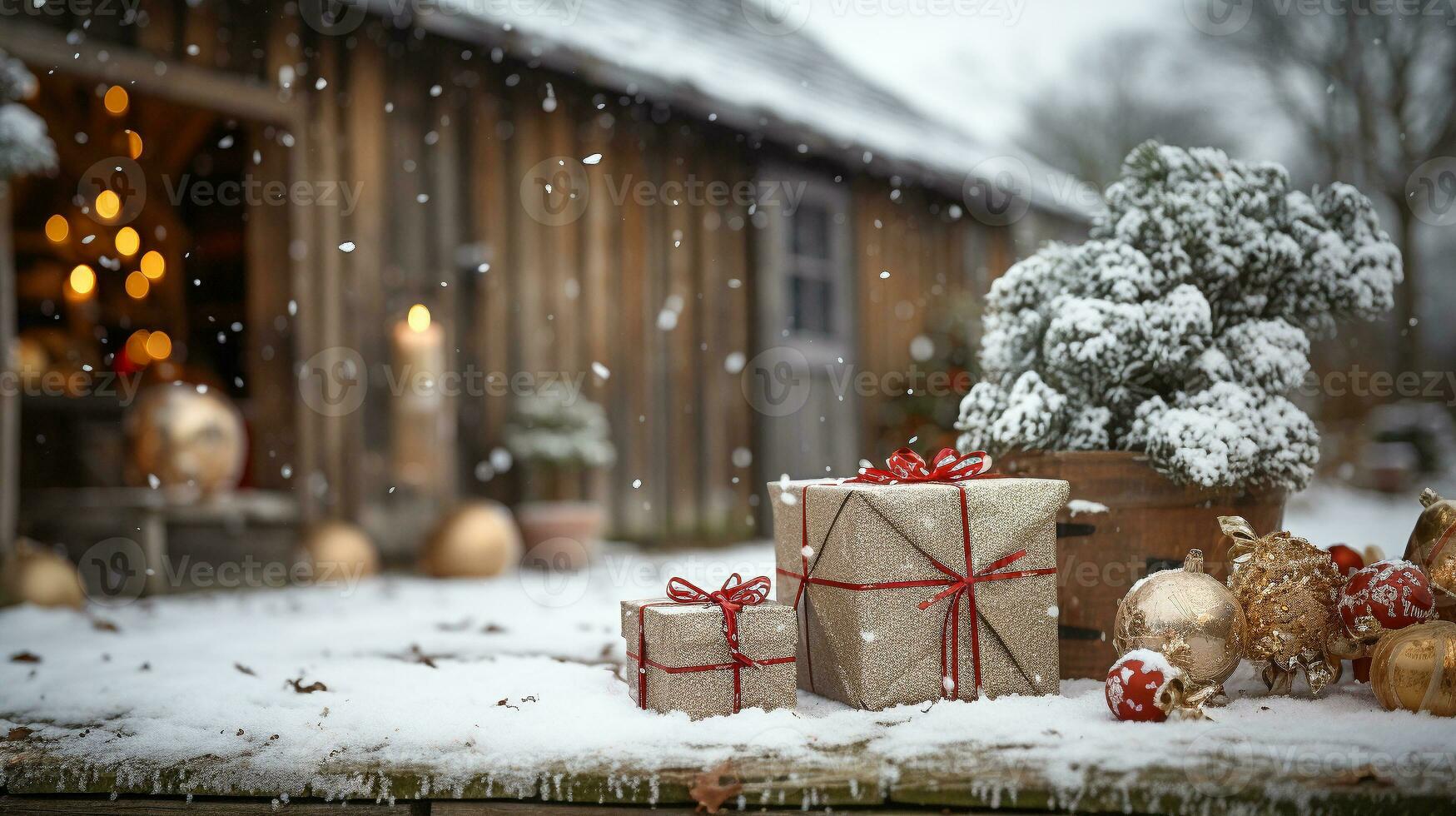 Beautifully Wrapped Christmas Gifts Resting on a Wooden Table in a Winter Snowy Outdoor Scene Near a Log Cabin. AI Generative. photo